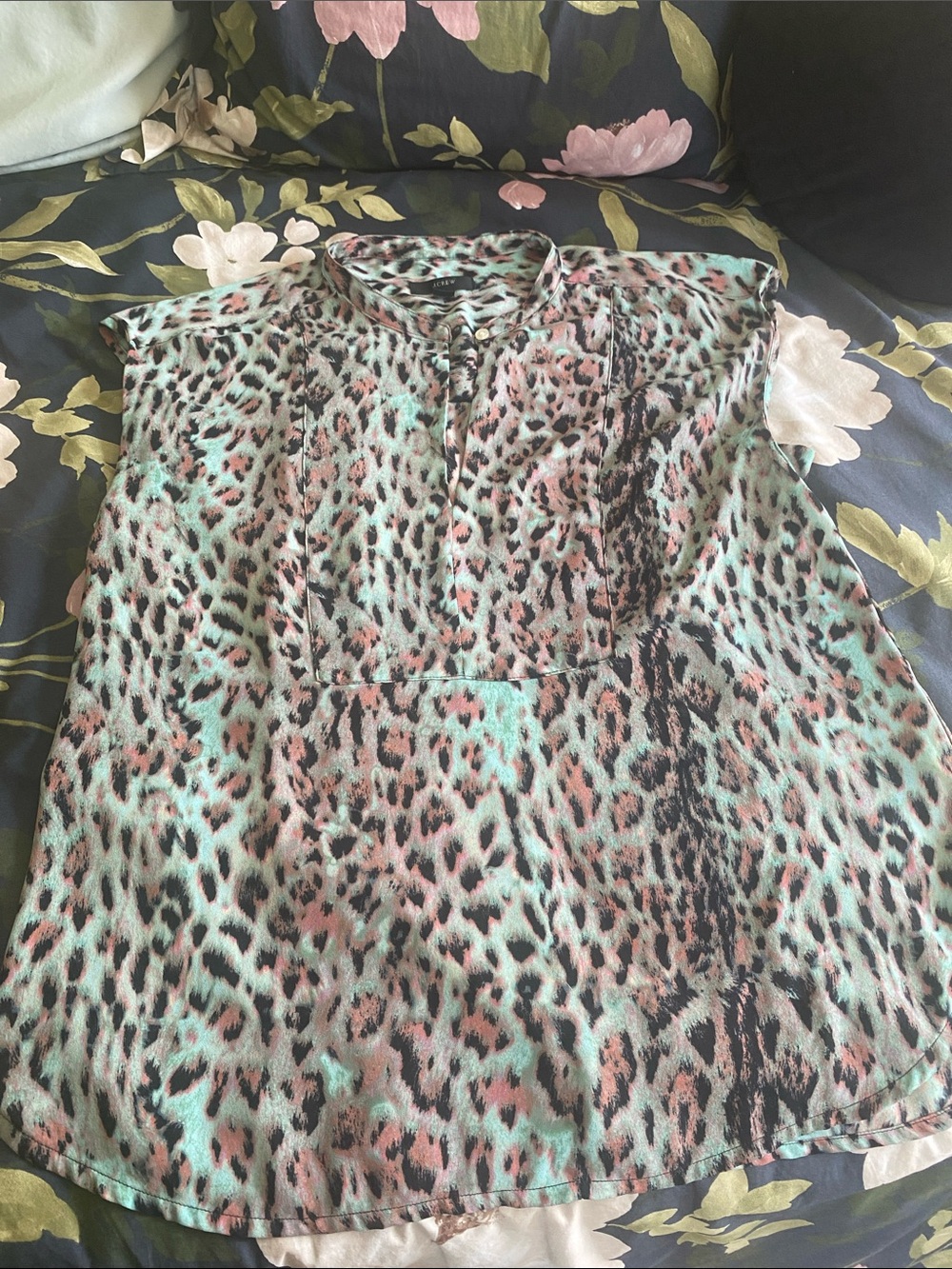 J. Crew Mint and Pink Leopard Print Cap-Sleeve Blouse